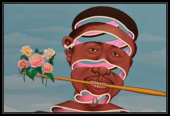 a spiral cut of a mans head who is holding flowers in his mouth