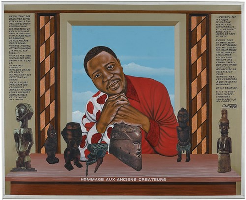 una pintura de un hombre con camisa roja mirando en una ventana a pequeñas estatuas africanas