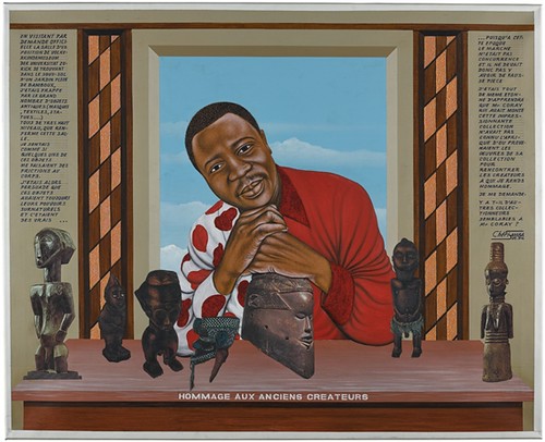 a painting of a man wearing a red shirt looking in a window at small African statues