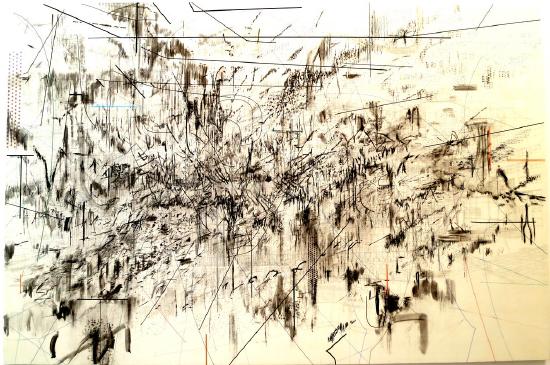 abstract painting with white and black and a few lines of color