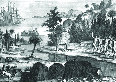 Ce dessin représente des Indiens de Timucua fuyant les colons espagnols arrivés par bateau.
