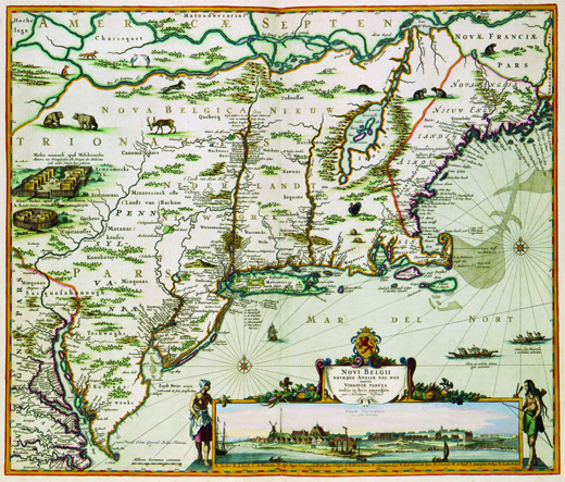A 1684 map of New Netherland shows Dutch settlements in parts of present-day New Jersey, New York, Pennsylvania, Delaware, Maryland, and Connecticut.