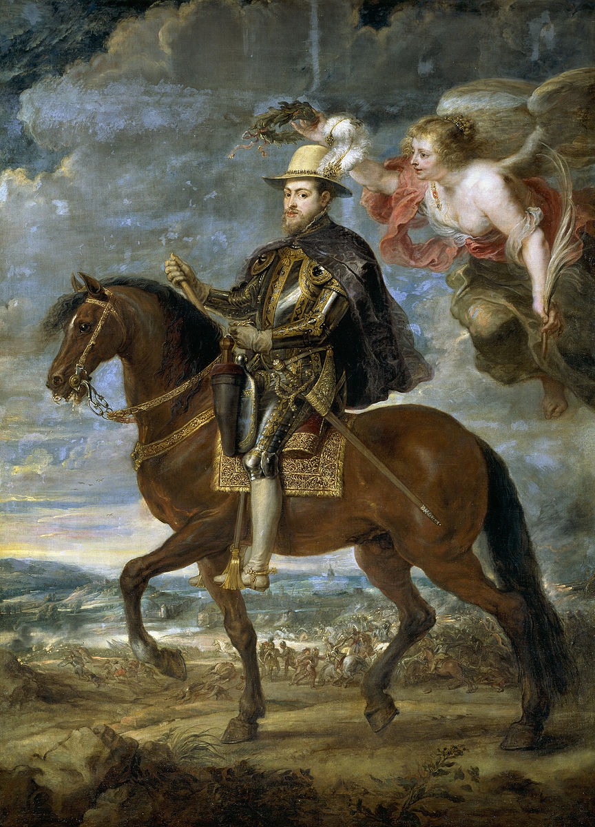 A white horse with a rider in a black and gold suit on a hill with the sky in the background