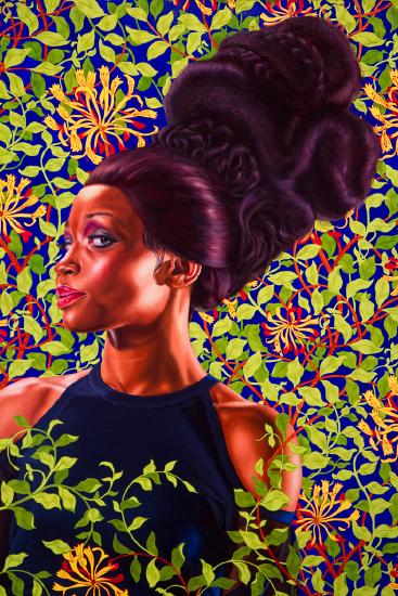 a womans head with a very large up do hair against a flower wallpaper