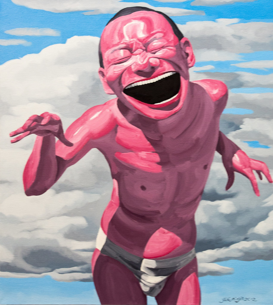 a red man wearing white underware leaning forward laughing against a cloudy sky