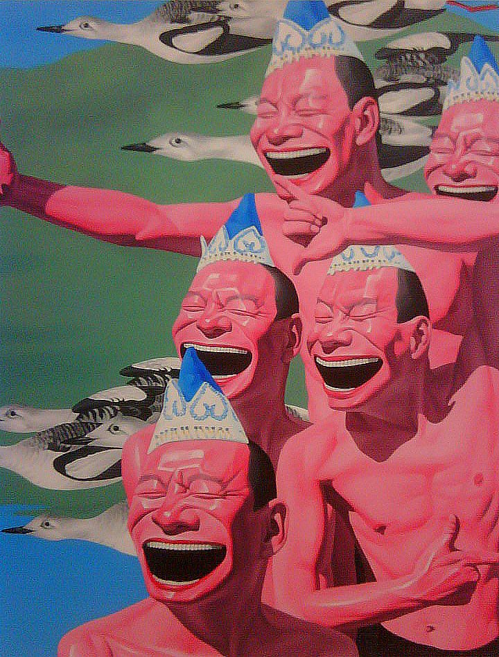 several red men laughing in black bathing suits with flying geese in the sky