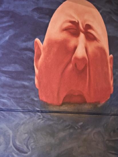 a large pink balded head coming up out of the water