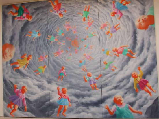 a lot of young balding babies in a vortex of clouds