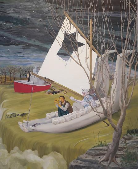a few men in a sailboat made out of a jaw bone