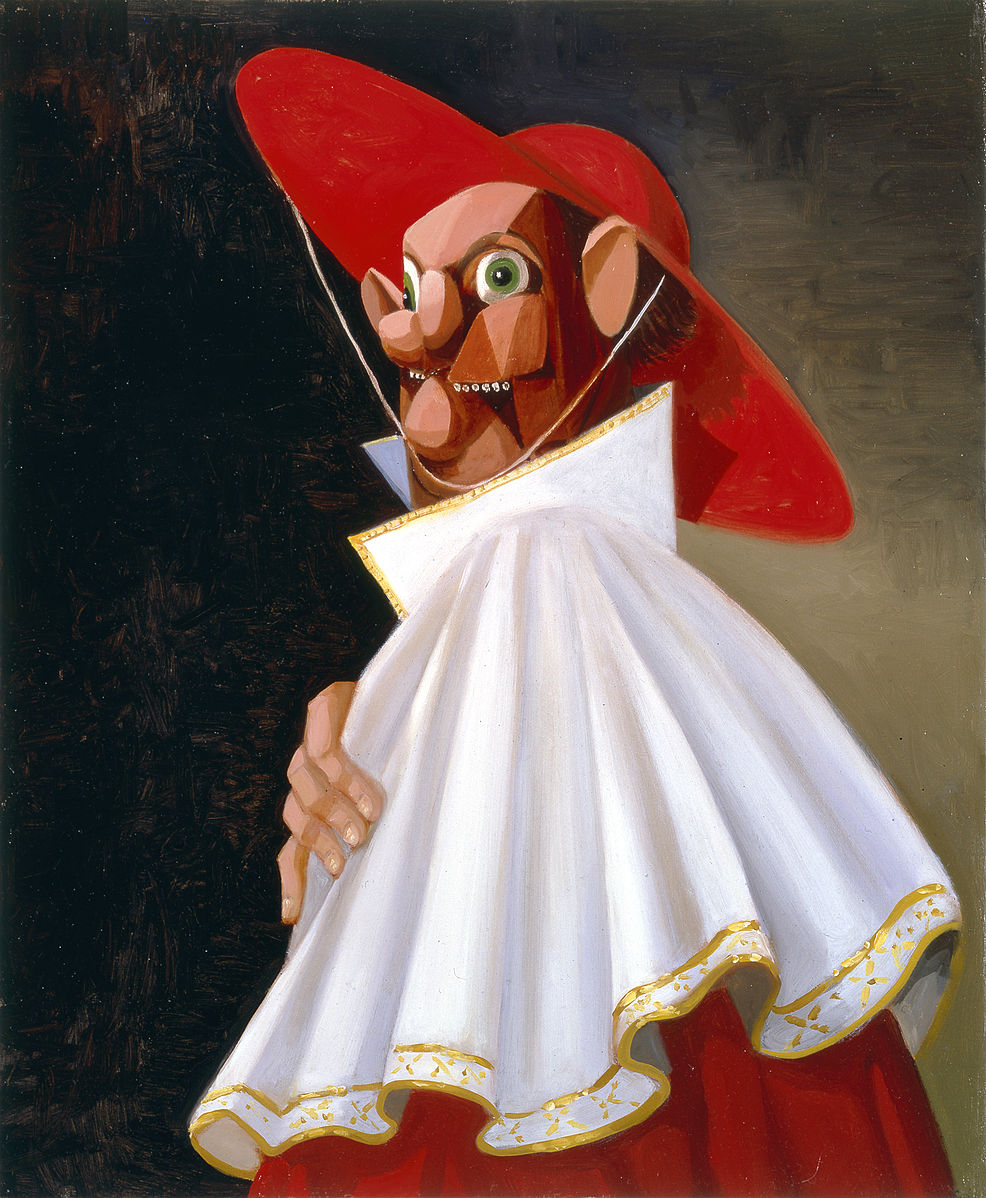a man in a white robe with a large red hat