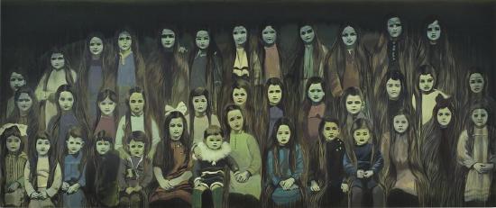 several girls standing in 3 rows all with long hair