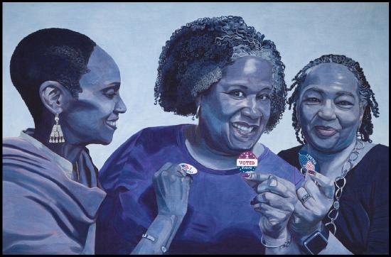 3 women who just voted in different colors of blue