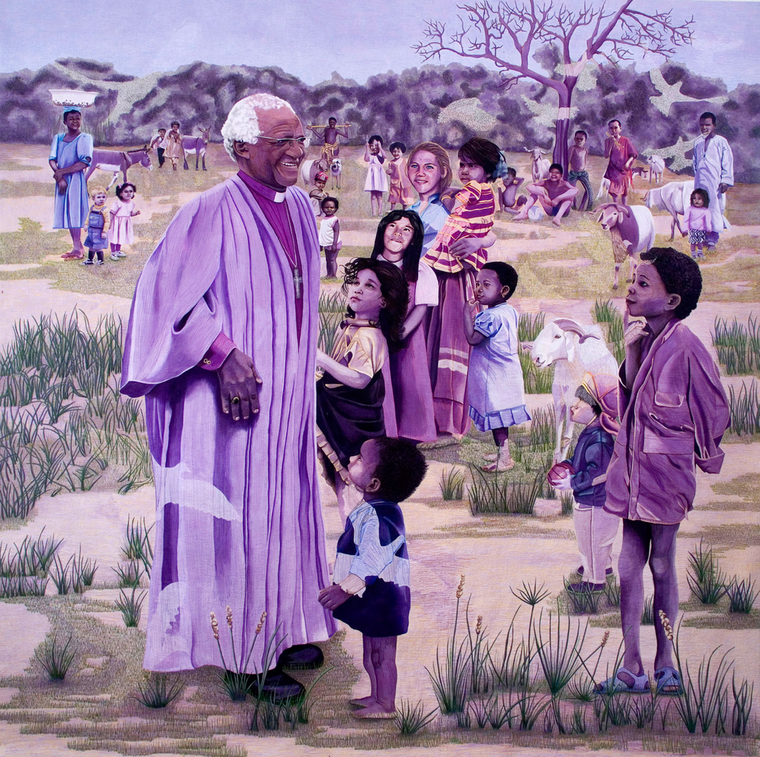 several people in a field surrounding a man in purple robes