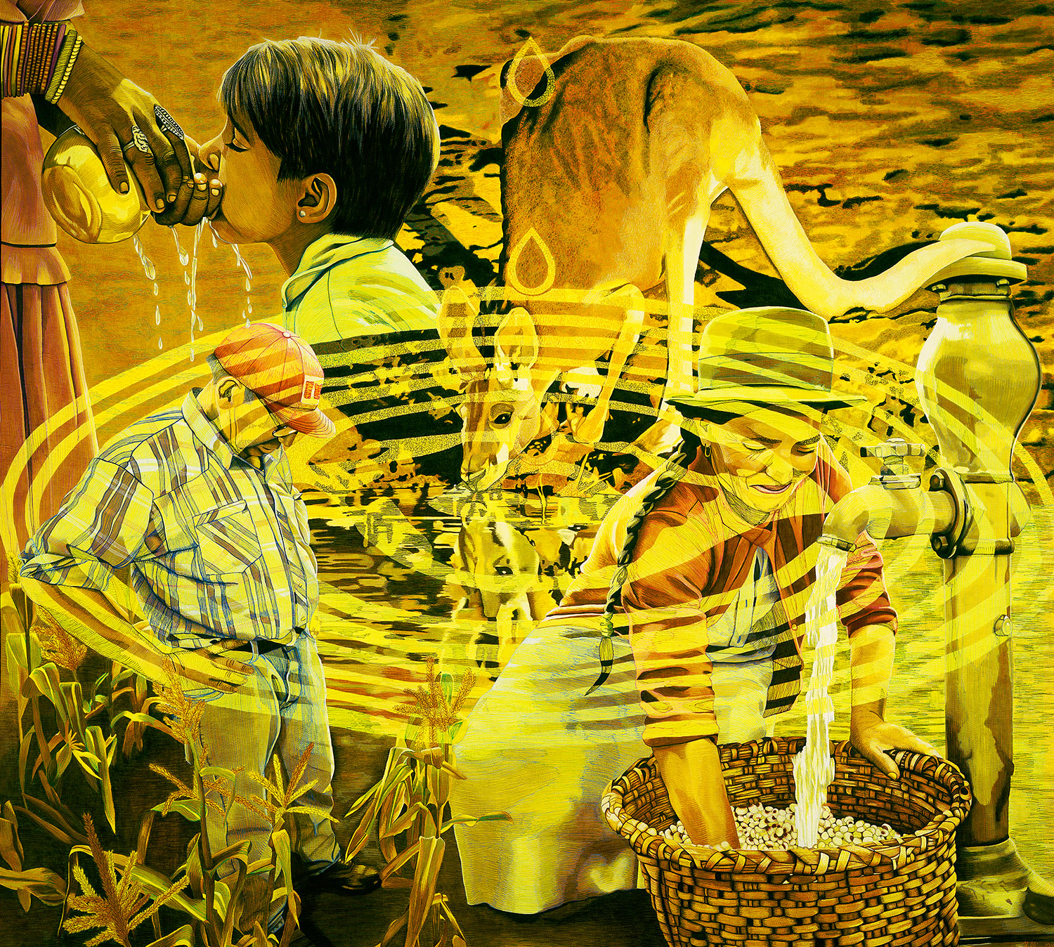 a water scene with multiple people and animals in many different shades of yellow