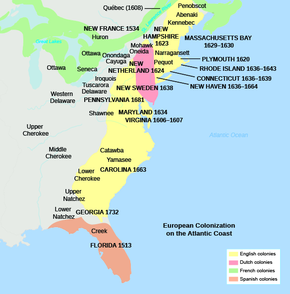 这张地图显示了大西洋沿岸的英国、荷兰、法国和西班牙殖民地及其定居日期，以及居住在这些地区的印第安部落的名称。