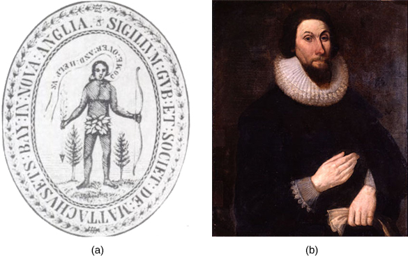 图 (a) 显示了 1629 年马萨诸塞湾殖民地的印章。 印章上描绘了一位身着树叶缠腰布、拿着蝴蝶结的印度人要求殖民者 “过来帮助我们”。 图片 (b) 是约翰·温思罗普的肖像，他穿着深色衣服、伊丽莎白时代的围巾和尖胡须。