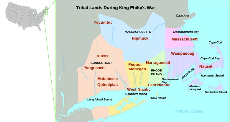 Hii ni ramani ya New England inayoonyesha maeneo ya wakazi asili ya New England, ikiwa ni pamoja na Pequot, Narragansett, Mohegan, na Wampanoag, mwaka 1670.