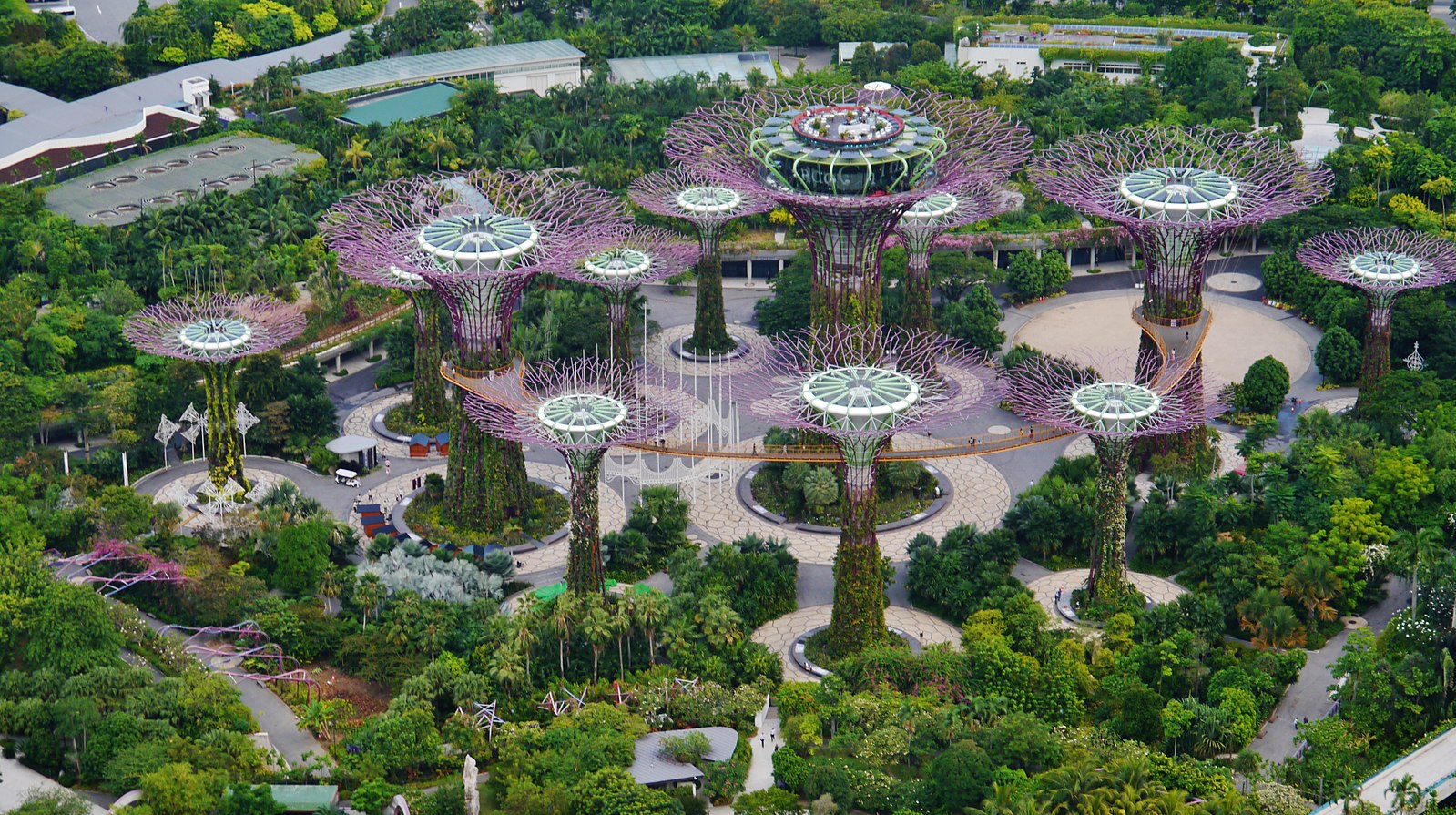 Ariel view of gardens and large metal structures