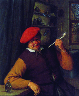一幅 1646 年的荷兰画描绘了一个坐在桌旁的男人抽着一根长长的白色粘土烟斗，显然很开心。