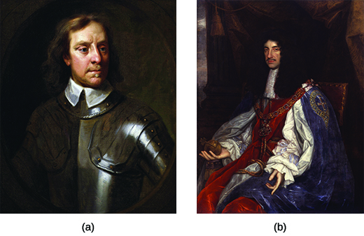 Pintura (a) é um retrato de Oliver Cromwell. A pintura (b) é um retrato do rei Carlos II.