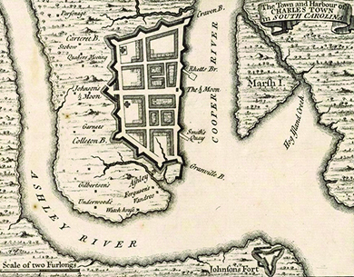 Um mapa colonial mostra o porto de Charles Towne. Os rótulos indicam o rio Cooper, o rio Ashley e outras características, como “Smith's Quay” e “Watch house”.