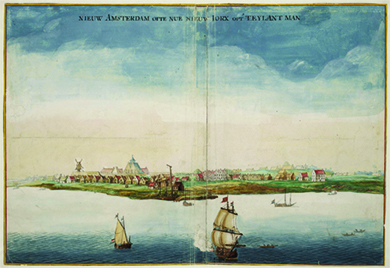 Uma aquarela mostra Nova Amsterdã, com vários navios nas águas circundantes.