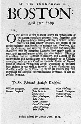 Se muestra un costado que exige la rendición de Sir Edmund Andros, con quince firmas al fondo.