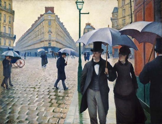 Painting of couple walking in the rain by Gustave Caillebotte