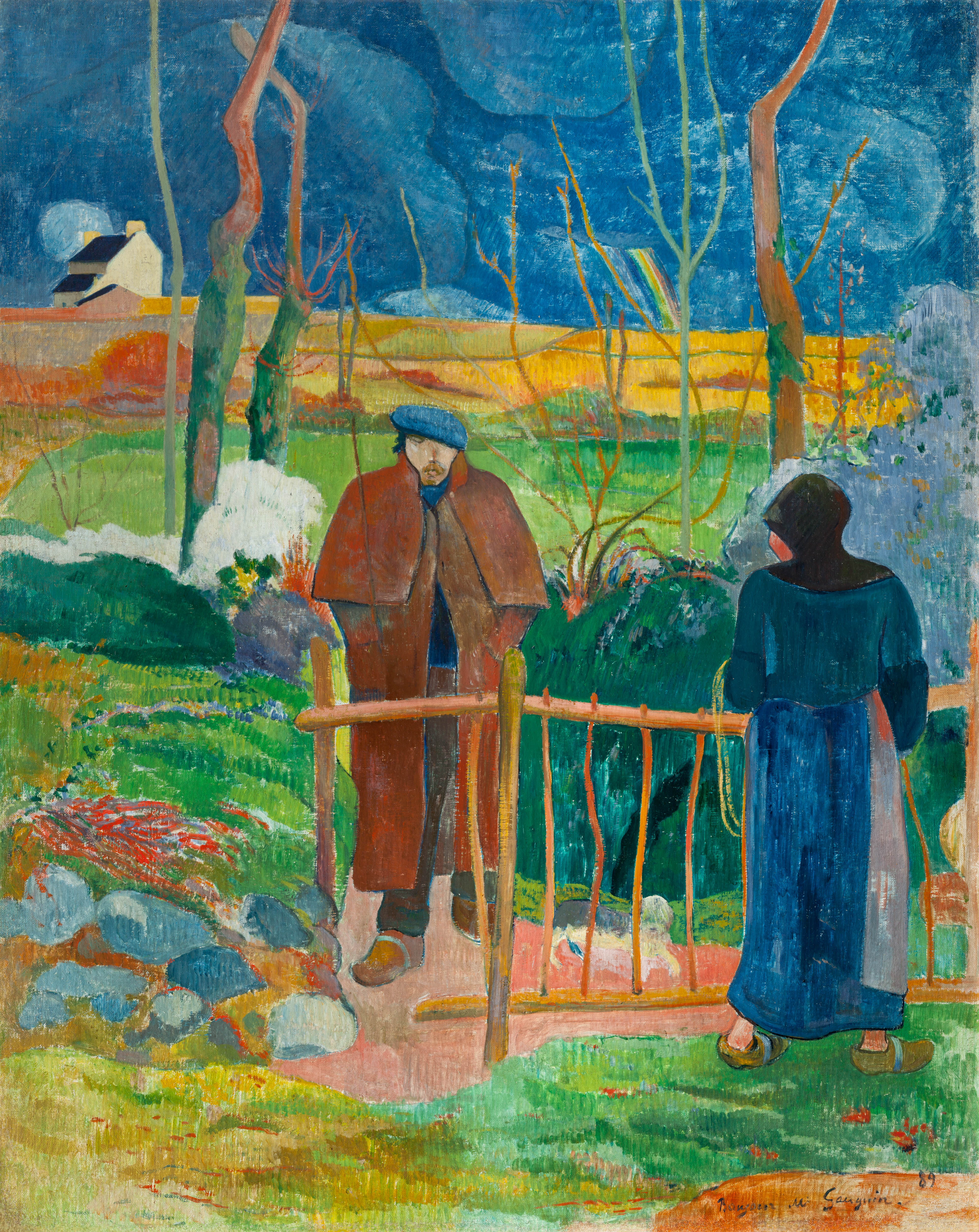 Painting of two people talkeing at a bridge