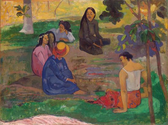 Painting of people sitting down at a picnic