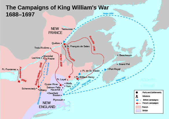 Une carte montre les campagnes de la guerre du roi Guillaume, ainsi que les zones, les missions, les forts et les colonies tenus par les Français et les Britanniques.