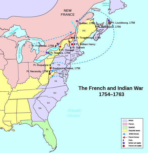 Une carte schématique décrit les événements de la guerre française et indienne, y compris les mouvements de troupes, les batailles importantes et les forts français et britanniques.