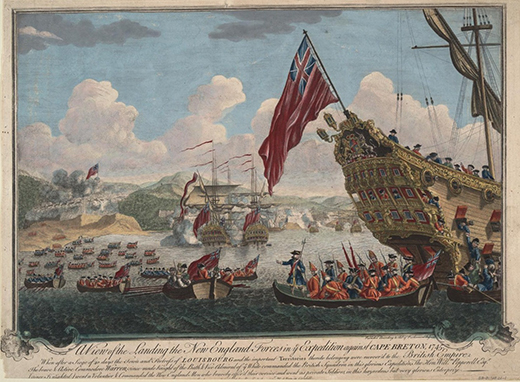 Uma pintura mostra forças britânicas desembarcando na ilha de Cape Breton.