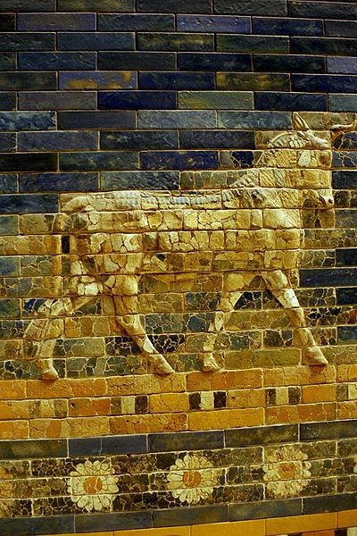 Photograph portrays a detailed close-up of a portion of the Ishtar Gate.