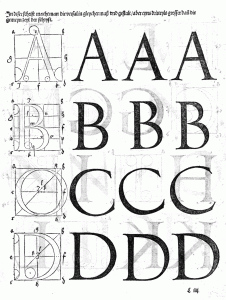 A, B, C, and D measured and then repeated three times in bold capitals