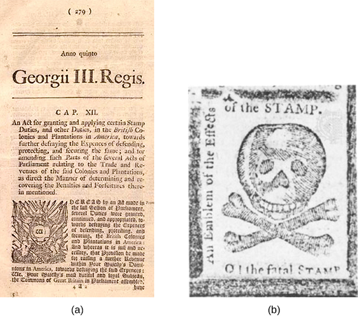 左图显示了《印花税法》的报纸出版物，其中包含印花税票的图片。 右边的图像显示了骷髅和交叉骨，边框是 “STAMP 效果的象征” 字样。 哦！ 致命的邮票。”