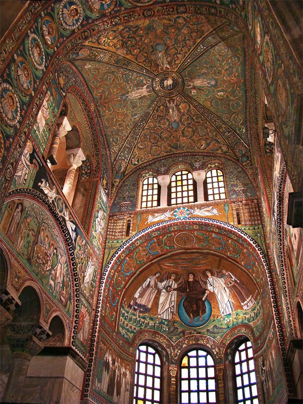 Ceiling and walls of a church with paintings of saints and other images