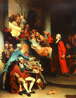 Una pintura muestra a Patrick Henry dando un discurso a una habitación llena de colonos bien vestidos. Mientras Henry hace gestos dramáticamente con su brazo, los miembros de su audiencia se miran y se susurran unos a otros.