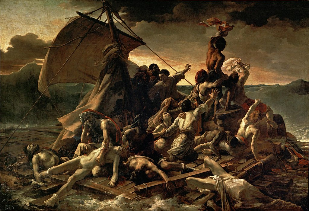 A group of desperate and dying men on a shipwreck at sunset