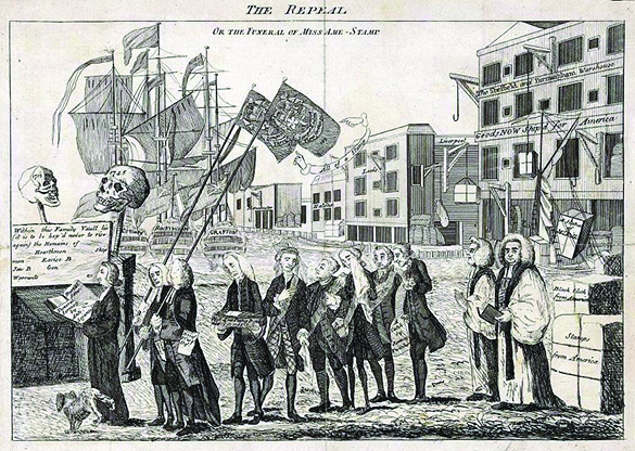 一部漫画展示了《印花税法》的葬礼队伍。 参加葬礼的人前往金库，在金库上方举起两个标有 “1715” 和 “1745” 的头骨。 威廉·斯科特牧师带领一支支持该法案的政客队伍，而一只狗在他的腿上小便。 图为排在第四位的乔治·格伦维尔带着一个小棺材。 背景是一个码头，上面标有 “康威”、“罗金厄姆” 和 “格拉夫顿” 的船只。