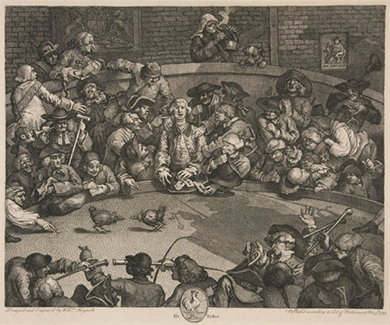 Un grabado muestra a una multitud rebelde viendo una pelea de gallos y apostando por los resultados.