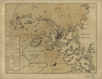 تُظهر خريطة ترجع لعام 1779 تفاصيل القوات البريطانية وقوات باتريوت في بداية الحرب، بما في ذلك المعسكرات البريطانية في وينتر هيل وروكسبري هيل وواتر تاون هيل.