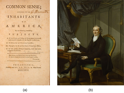 L'image (a) montre la première page de Common Sense de Thomas Paine. Un portrait de Thomas Paine est montré sur l'image (b) ; il est assis à un bureau et tient une feuille de papier.