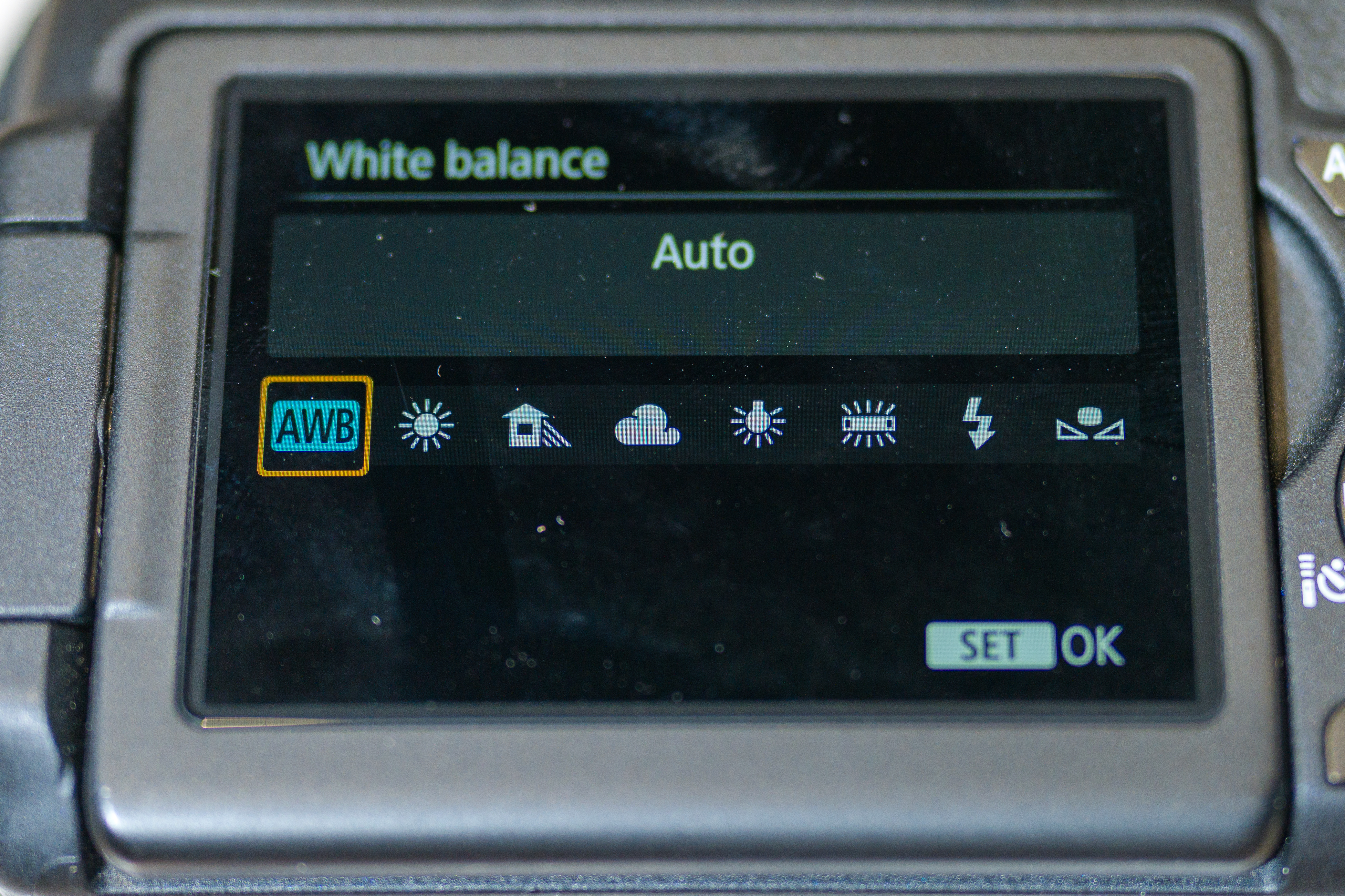 Menu on a DSLR with preset white balance icons.