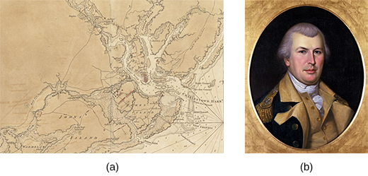 L'image (a) montre une carte britannique de Charleston datant de 1780 avec des détails sur l'emplacement des forces continentales. Un portrait du général Nathanael Greene est présenté sur l'image (b).