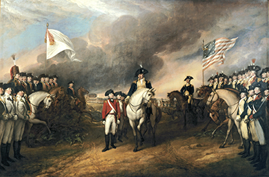 一幅画描绘了美国将军本杰明·林肯在正式投降时伸出手来领取英国将军的宝剑。 乔治·华盛顿将军坐在后台，骑在马背上。 值得注意的是，英美军队在战地的对面排队；美国人站在美国国旗下，而英国士兵则站在白旗下。