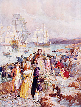 Una pintura muestra a colonos angloamericanos bien vestidos, hombres y mujeres, que llegan a la costa en New Brunswick, Canadá. Varios barcos grandes se encuentran en el puerto al fondo, y lanchas con más inmigrantes se dirigen a la tierra. Los hombres bien vestidos parecen estar dando la bienvenida a los Leales.