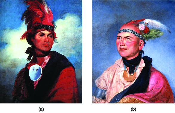 1786年制作的约瑟夫·布兰特（a）肖像旁边展示了1797年制作的布兰特肖像（b）。 在这两件衣服中，布兰特在有领衬衫上都戴着斗篷或毯子，脖子上戴着一大件珠宝，还有羽毛头饰。