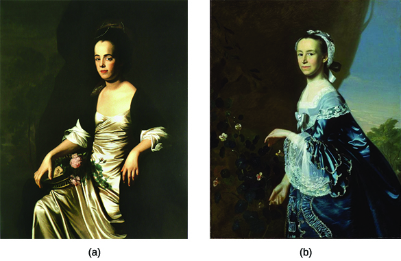 La peinture (a) est un portrait de Judith Sargent Murray. La peinture (b) est un portrait de Mercy Otis Warren. Les deux femmes portent des robes en soie et posent avec des fleurs.
