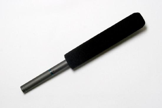 A shotgun microphone is long and thin with a windscreen on it.